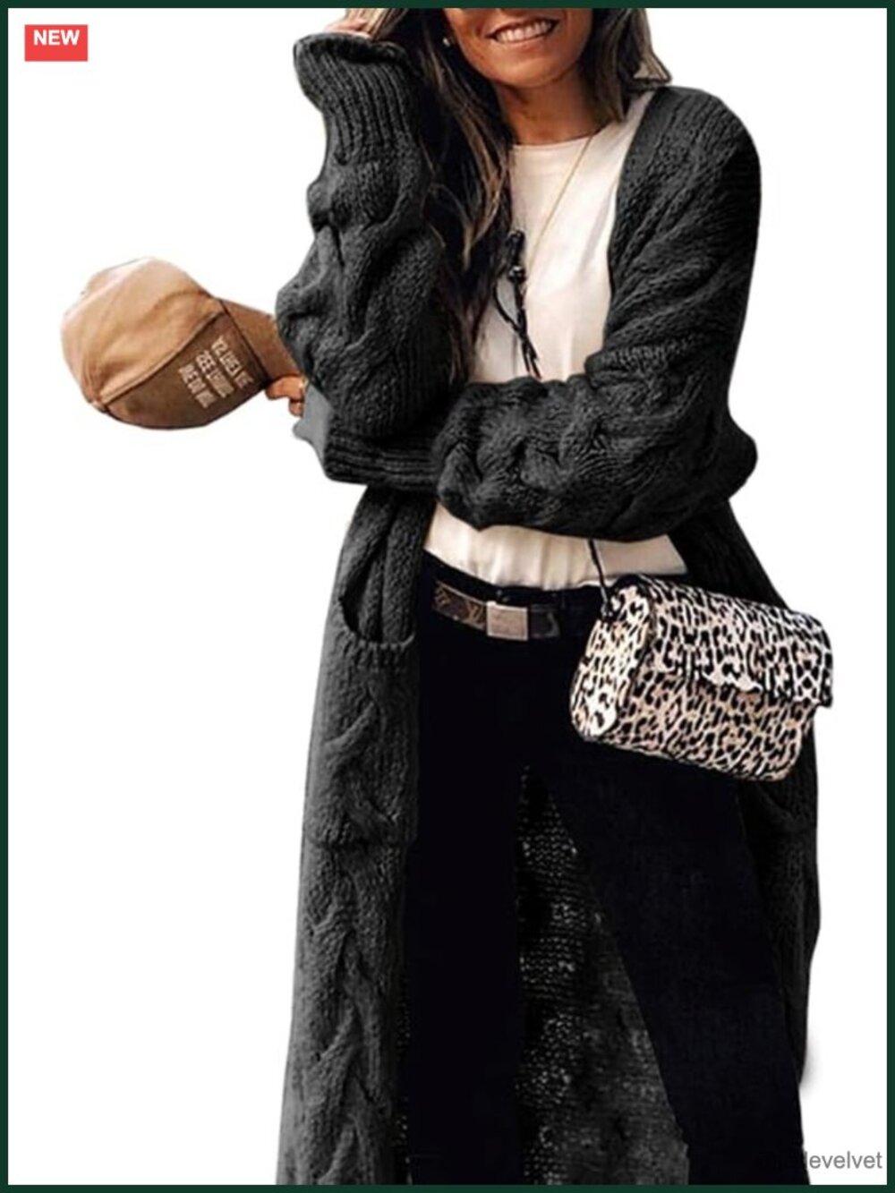 Long Cable Knit Cardigan Coats Open Front Oversized Sweater with Pockets Knee